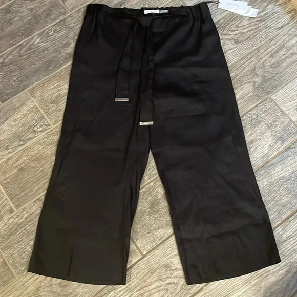 Calvin Klein Black Linen Blend Crop Wide leg Pants Size M Stretch waist Tie NWT - Picture 2 of 12